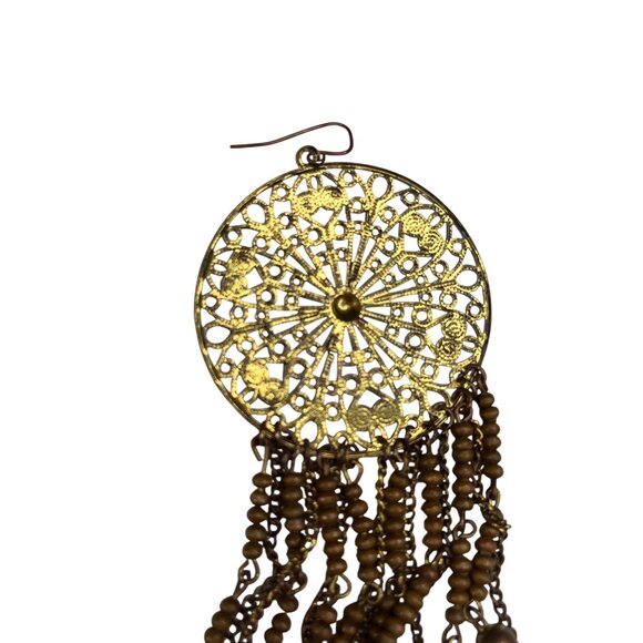 Vintage Gold Filigree Dreamcatcher Dangle Earrings With Bead & Chain Fringe A250 - Picture 10 of 12